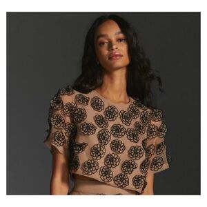 NWT Anthropologie Let Me Be Cropped Button Back Floral Appliqué Top  Size Medium
